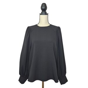 Ganni Top Clark Heavy Crepe Black Long Balloon Sleve Round Neckline Size 38